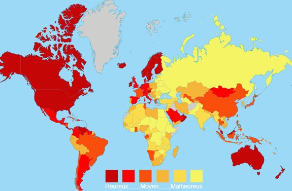 carte des pays ou l'on vit le plus heureux (en rouge, le plus)